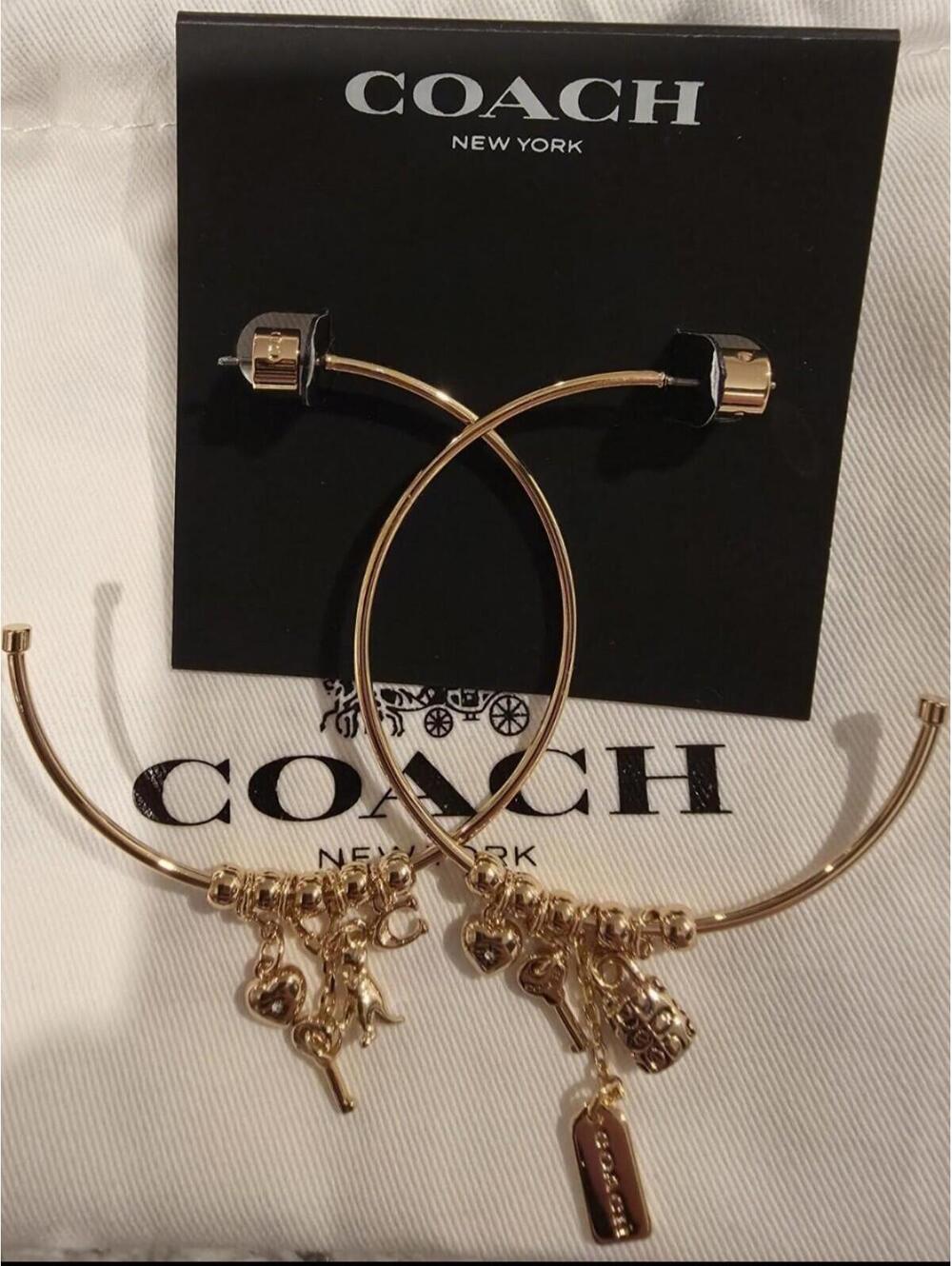 Coach Dangle Multi Charm Large Hoop Gold Tone NWT Authentic 127 MSRP - Picture 2 of 5